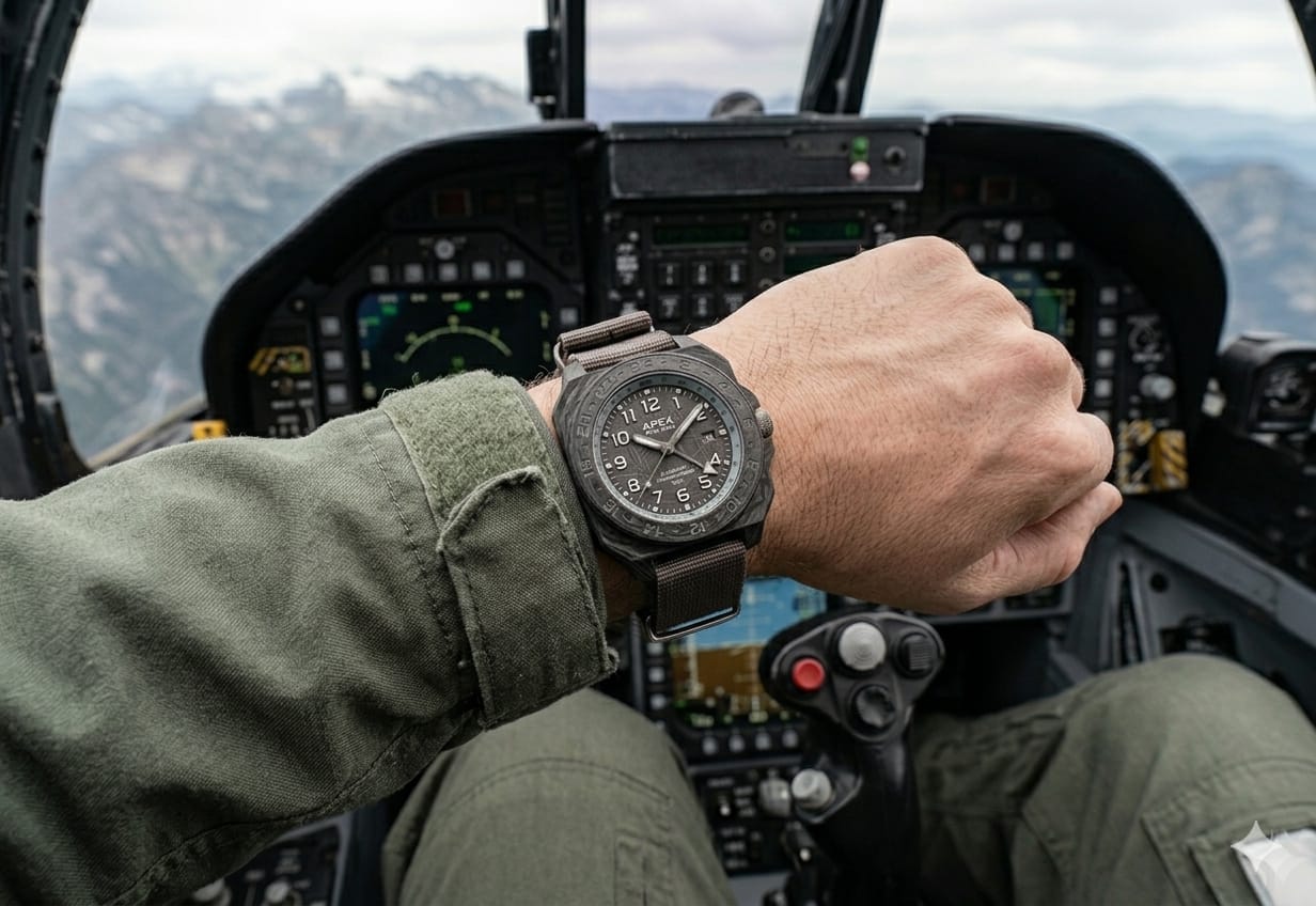 APEX carbon GMT worn in a cockpit over mountainous terrain