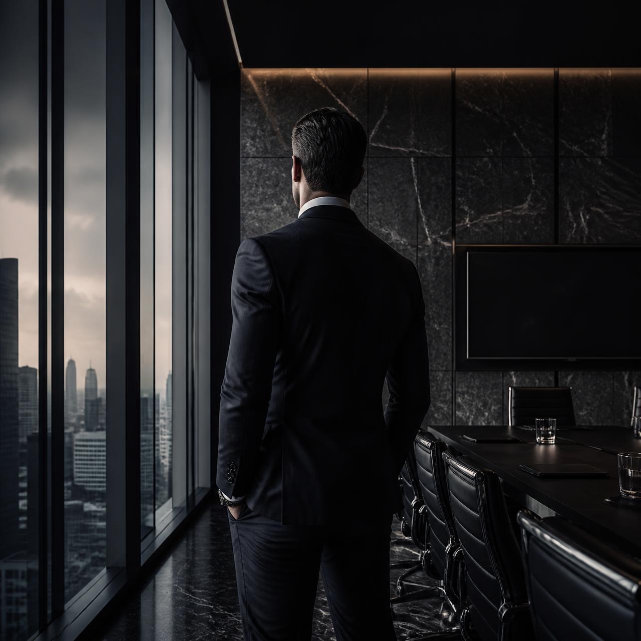 Executive in a dark boardroom