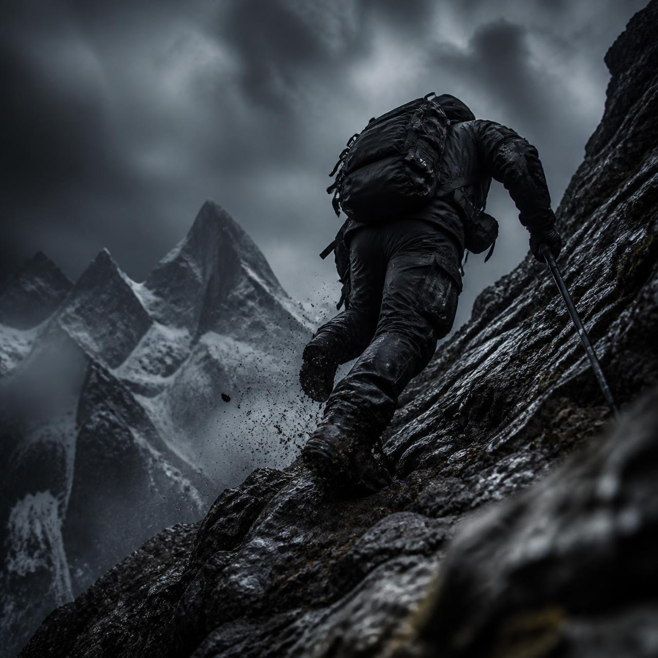 Mountaineer climbing a storm-lashed alpine face