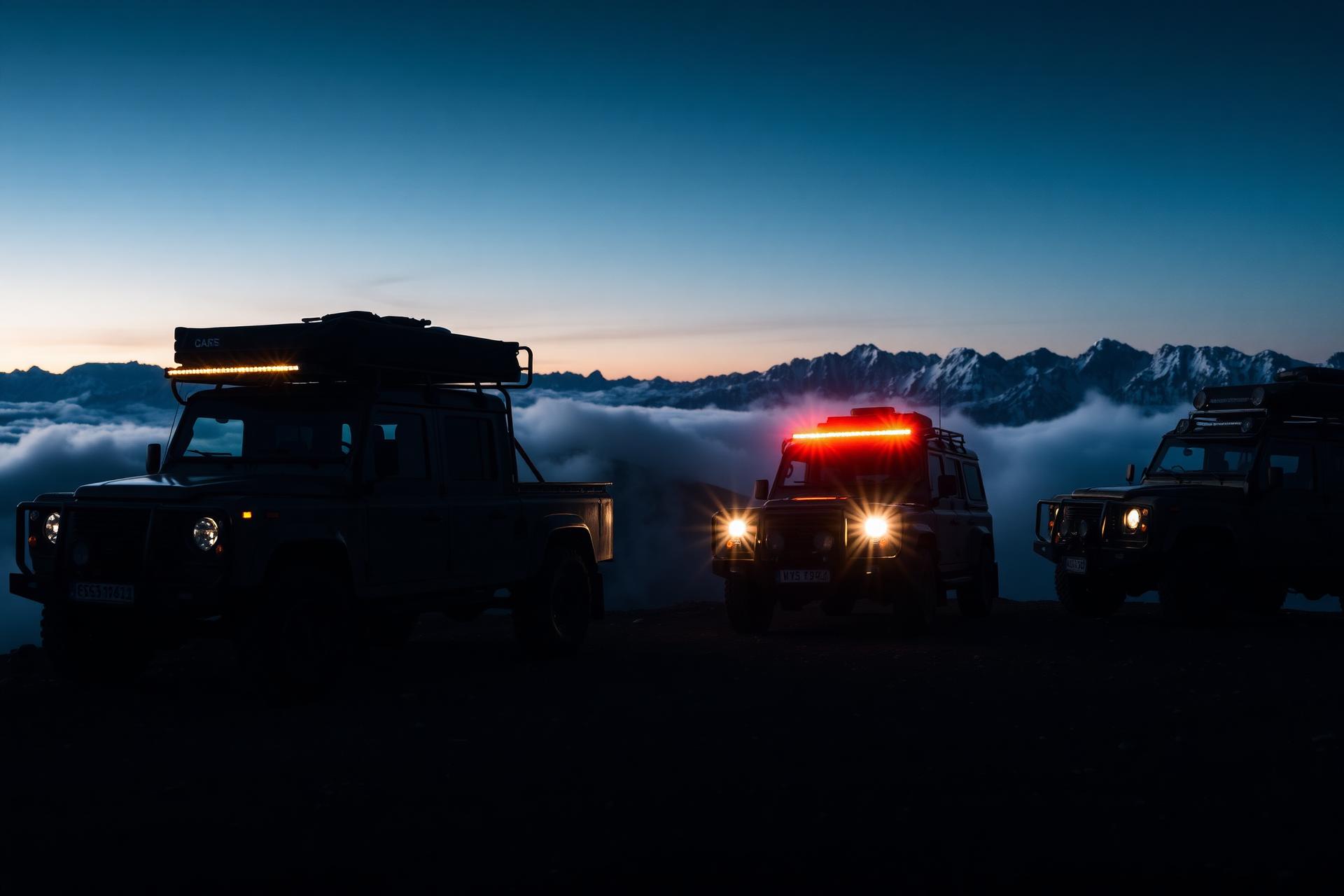 Off-road expedition trucks above the clouds at dusk